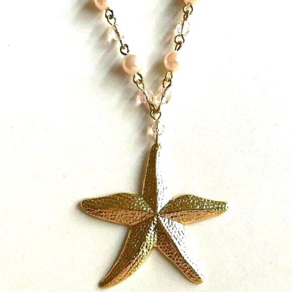 Pearl Starfish Necklace Gold Plated Pink Sea Life Nautical Island Beach 18" - Picture 3 of 9